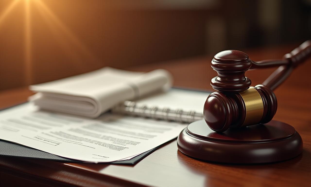 Legal documents and a gavel on a professional mahogany desk